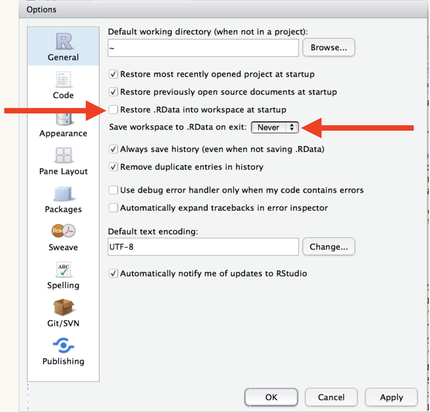 RStudio global options window showing a setting optimal for reproducibility